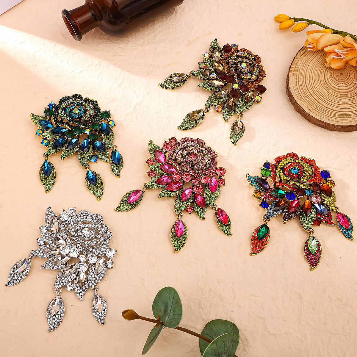 Luxury Diamond Flower Brooch | Full Crystal Rose Pin | 5 Colours