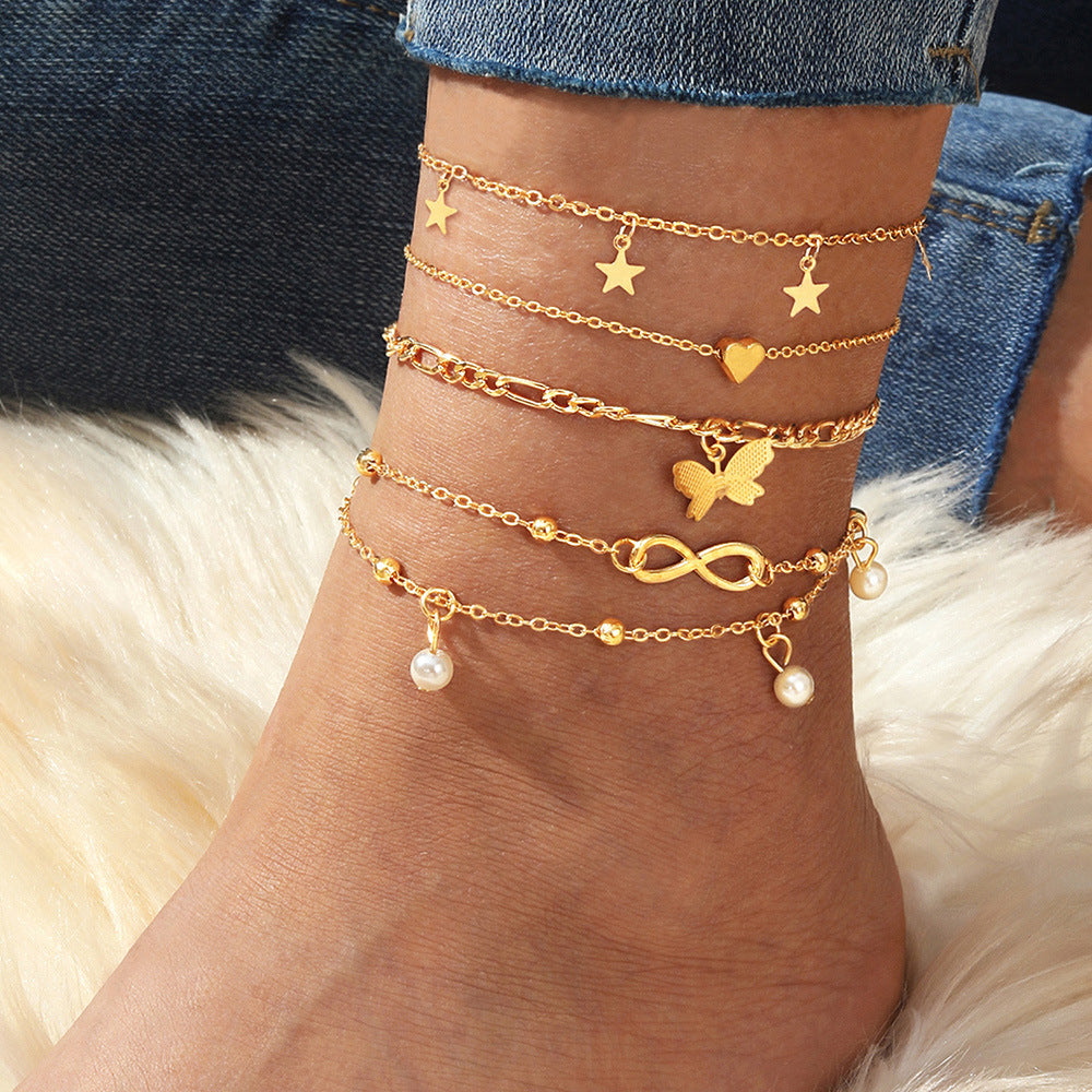 Luxury Butterfly & Pearl Anklet Set | 4-Piece Multi-Layer | Women's Jewellery