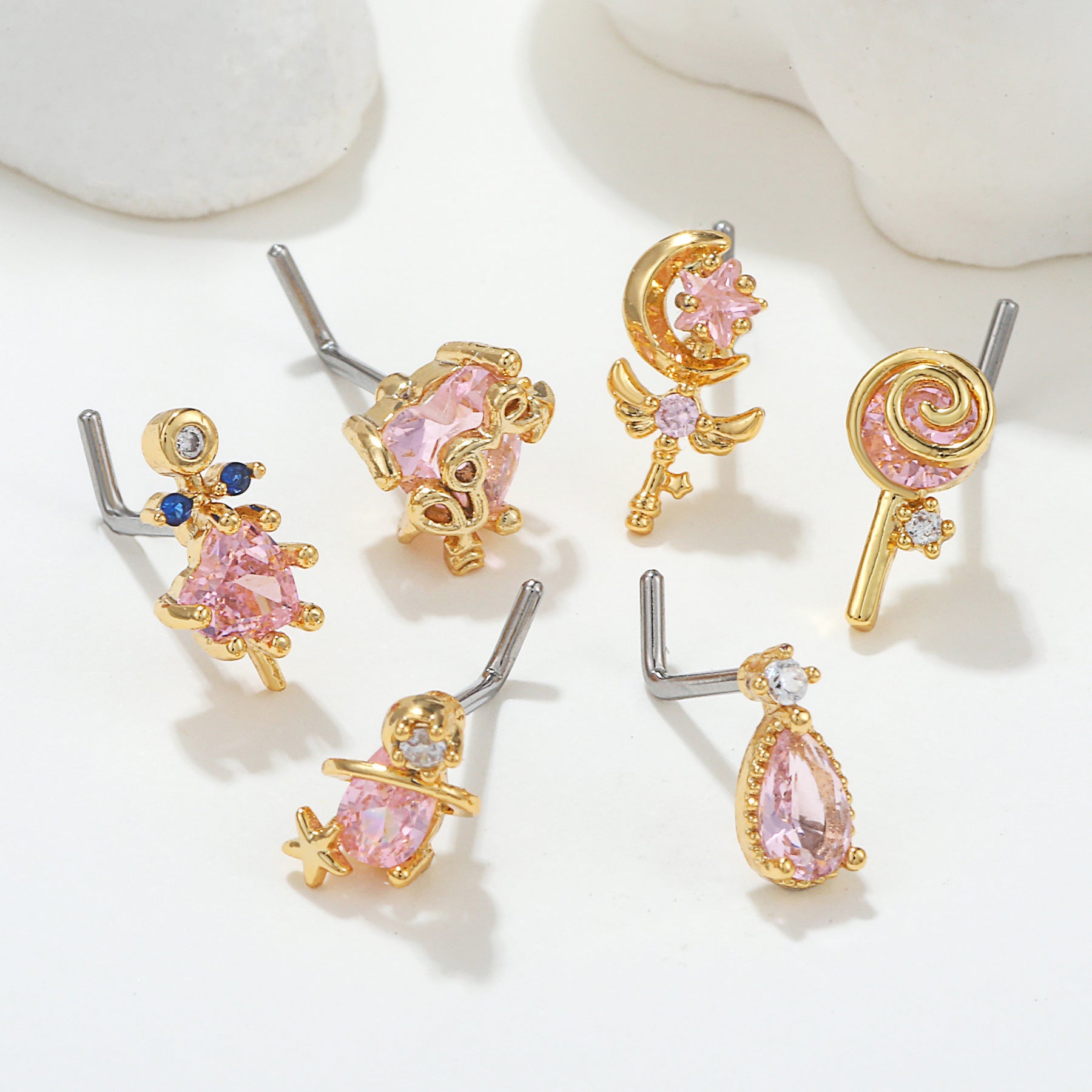 18K Zircon Nose Stud | Luxury Geometric Piercing | Gold, Silver & Pink