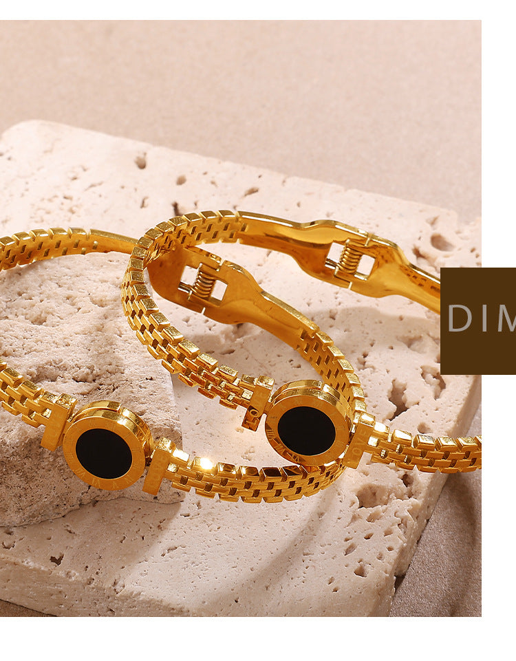Gold Roman Numeral Black Disc Love Engraved Luxury Bracelet