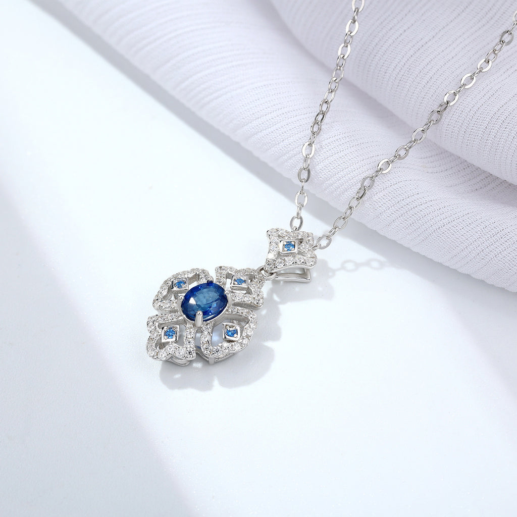 Natural Sapphire Retro Geometric Pendant 925 Silver Platinum Gold Luxury Necklace