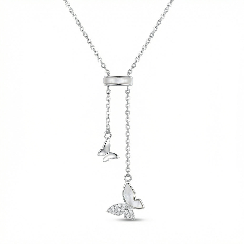 Butterfly Lariat Necklace | S925 Sterling Silver | Mother-of-Pearl & Pavé