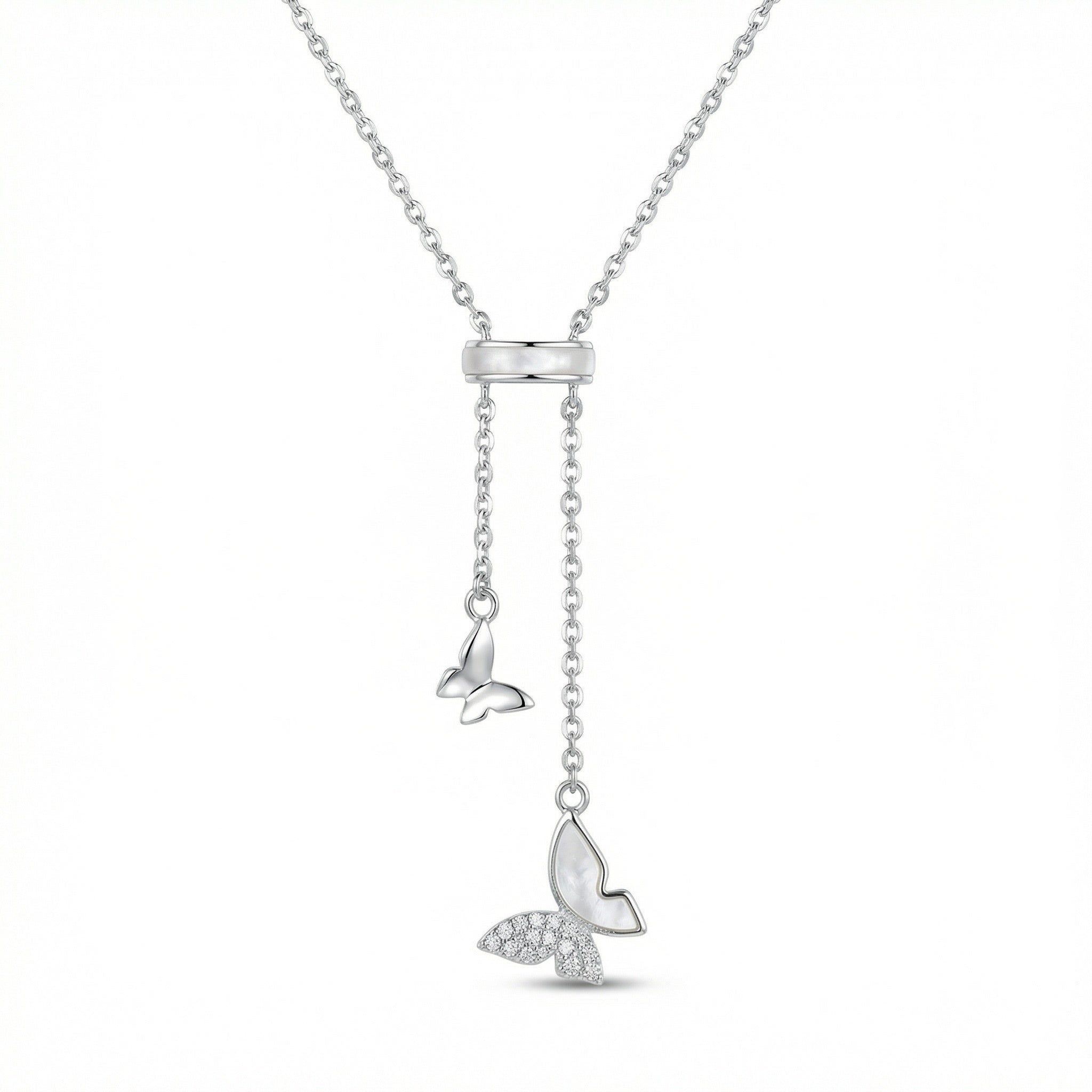 Butterfly Lariat Necklace | S925 Sterling Silver | Mother-of-Pearl & Pavé
