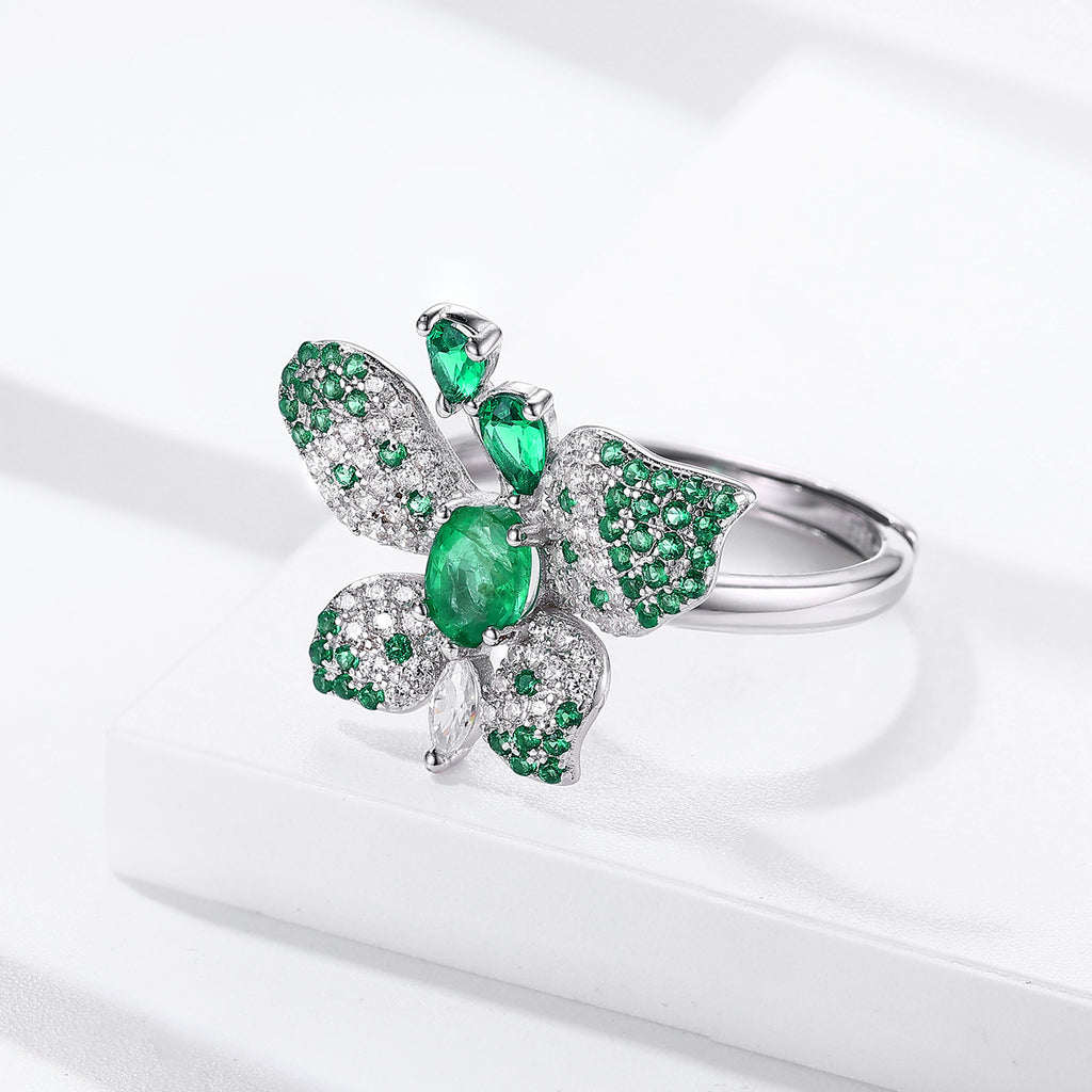 925 Silver Natural Emerald Butterfly Adjustable Luxury Ring Platinum Finish