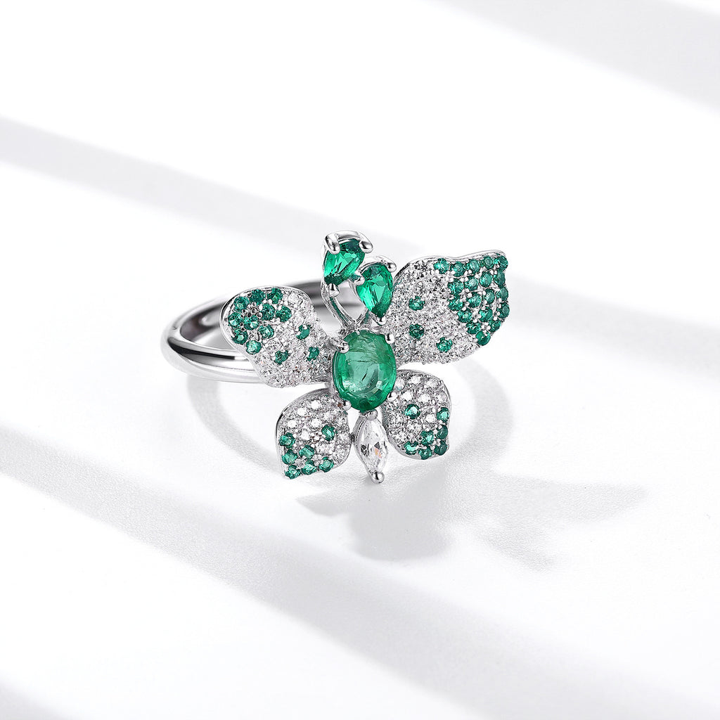 925 Silver Natural Emerald Butterfly Adjustable Luxury Ring Platinum Finish