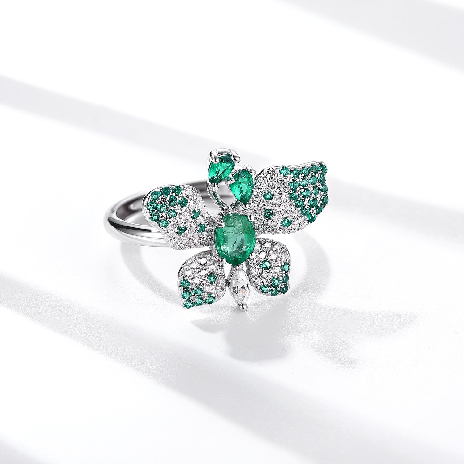 925 Silver Natural Emerald Butterfly Adjustable Luxury Ring Platinum Finish