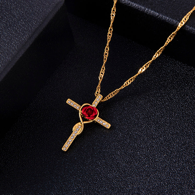 Sancta — Gold Rose Cross Crystal Necklace
