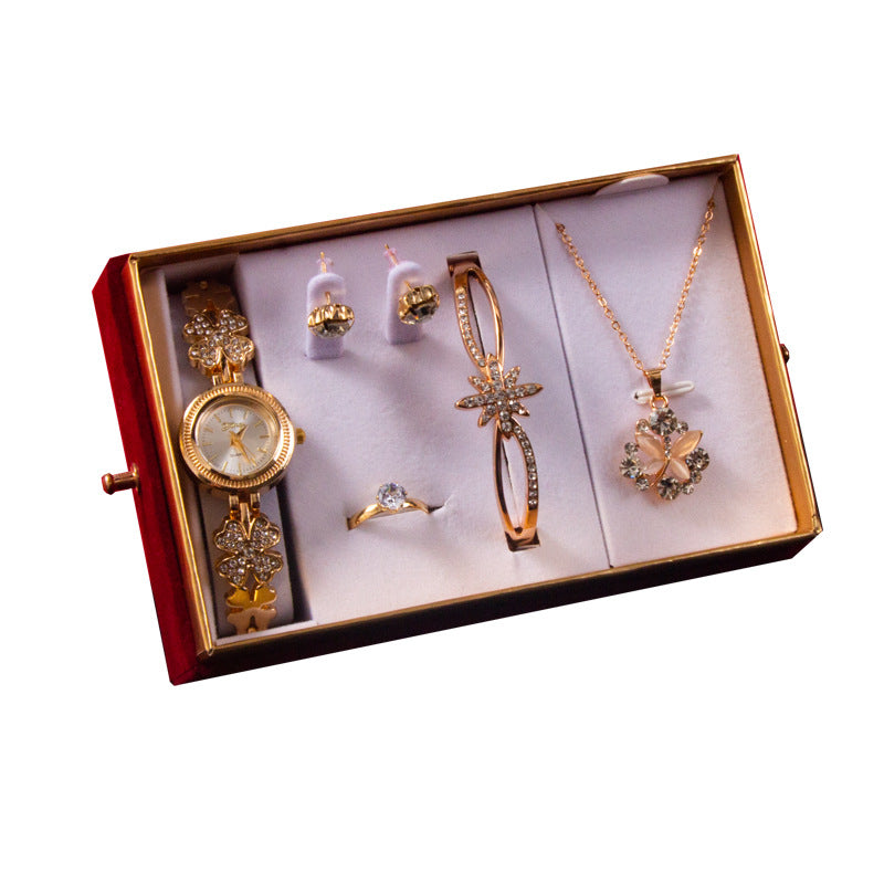 5-Piece Luxury Jewelry Set – Watch, Bracelet, Necklace, Earrings & Ring Gift Box