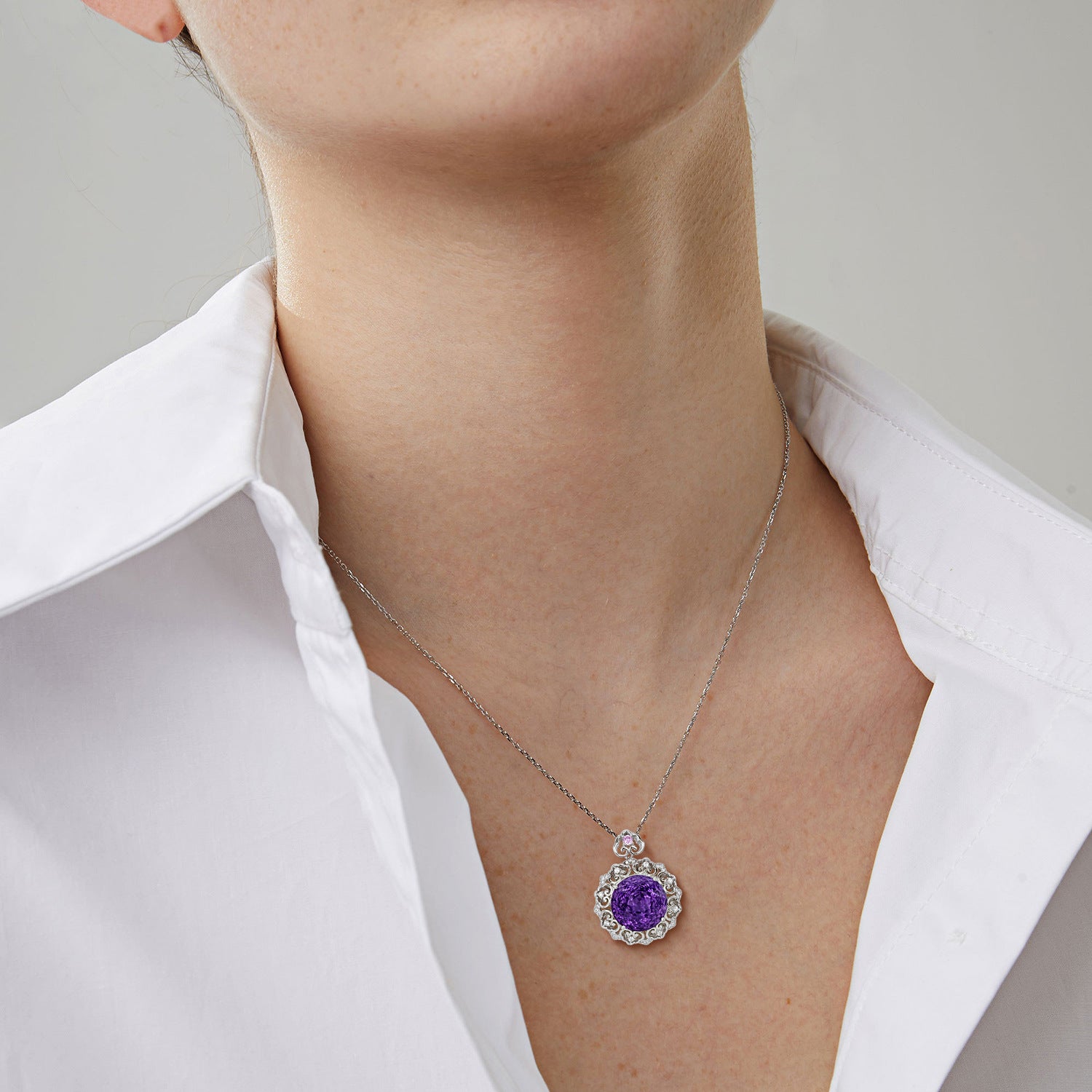 Vintage Geometric Natural Amethyst Crystal 925 Silver O-Chain Luxury Necklace