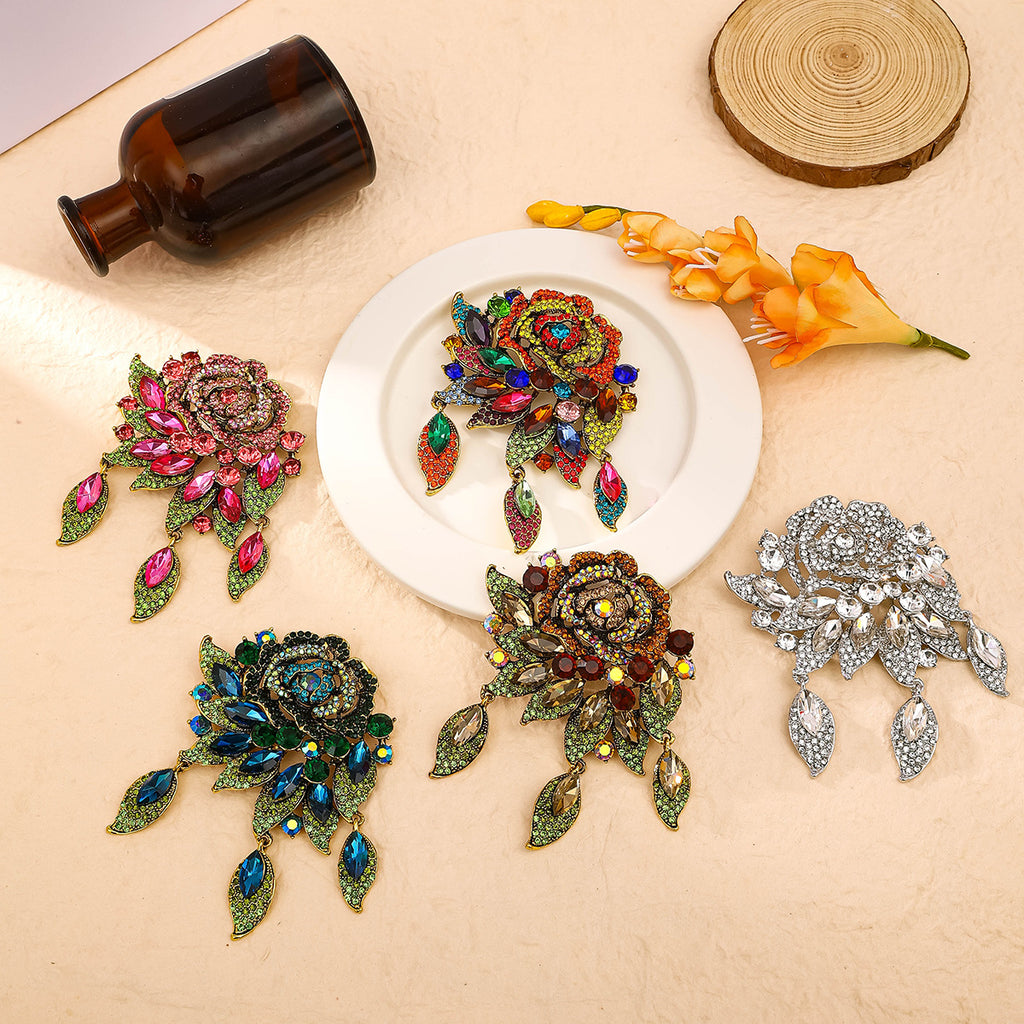 Luxury Diamond Flower Brooch | Full Crystal Rose Pin | 5 Colours
