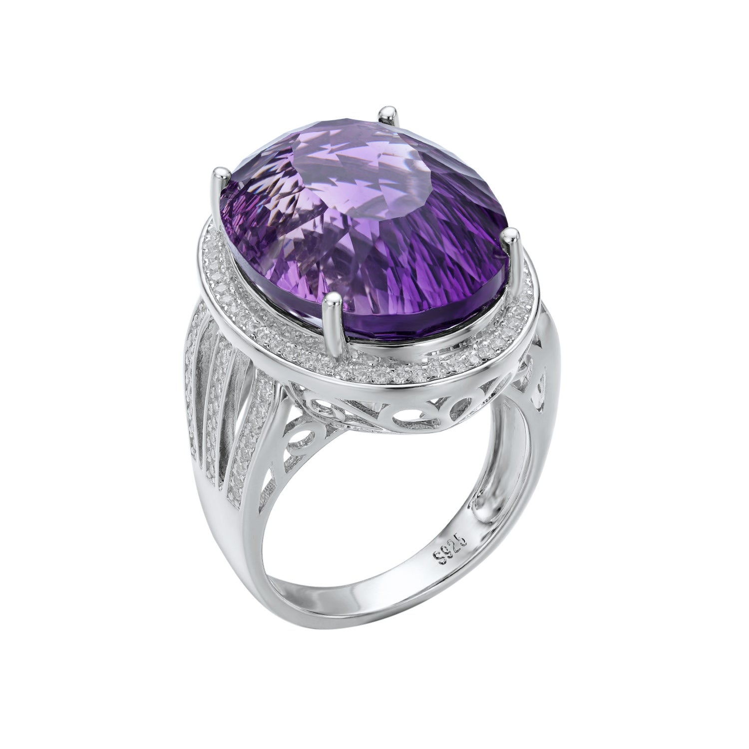 925 Silver Natural Amethyst Geometric Crystal Luxury Ring Sizes 6-9
