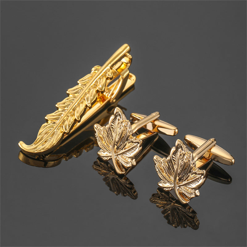 18K Floral Cufflinks & Tie Clip Set — Rose, Crystal & Enamel