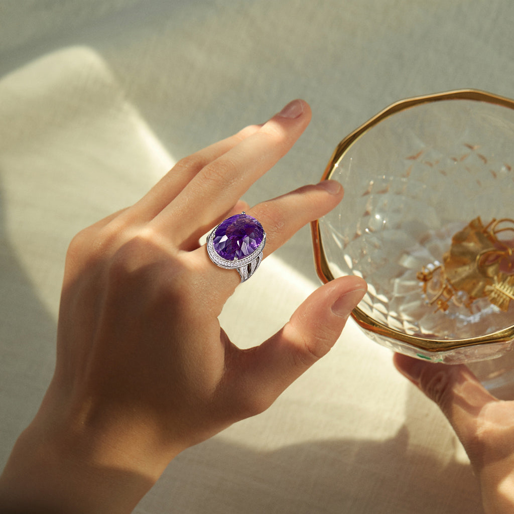 925 Silver Natural Amethyst Geometric Crystal Luxury Ring Sizes 6-9