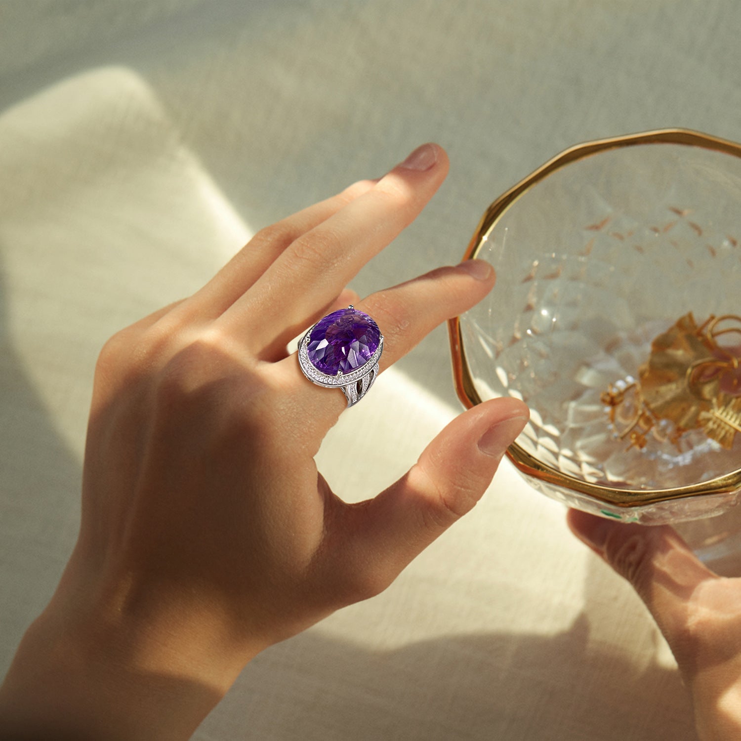 925 Silver Natural Amethyst Geometric Crystal Luxury Ring Sizes 6-9