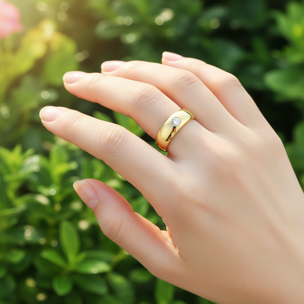 Hand with diamond ring outdoors