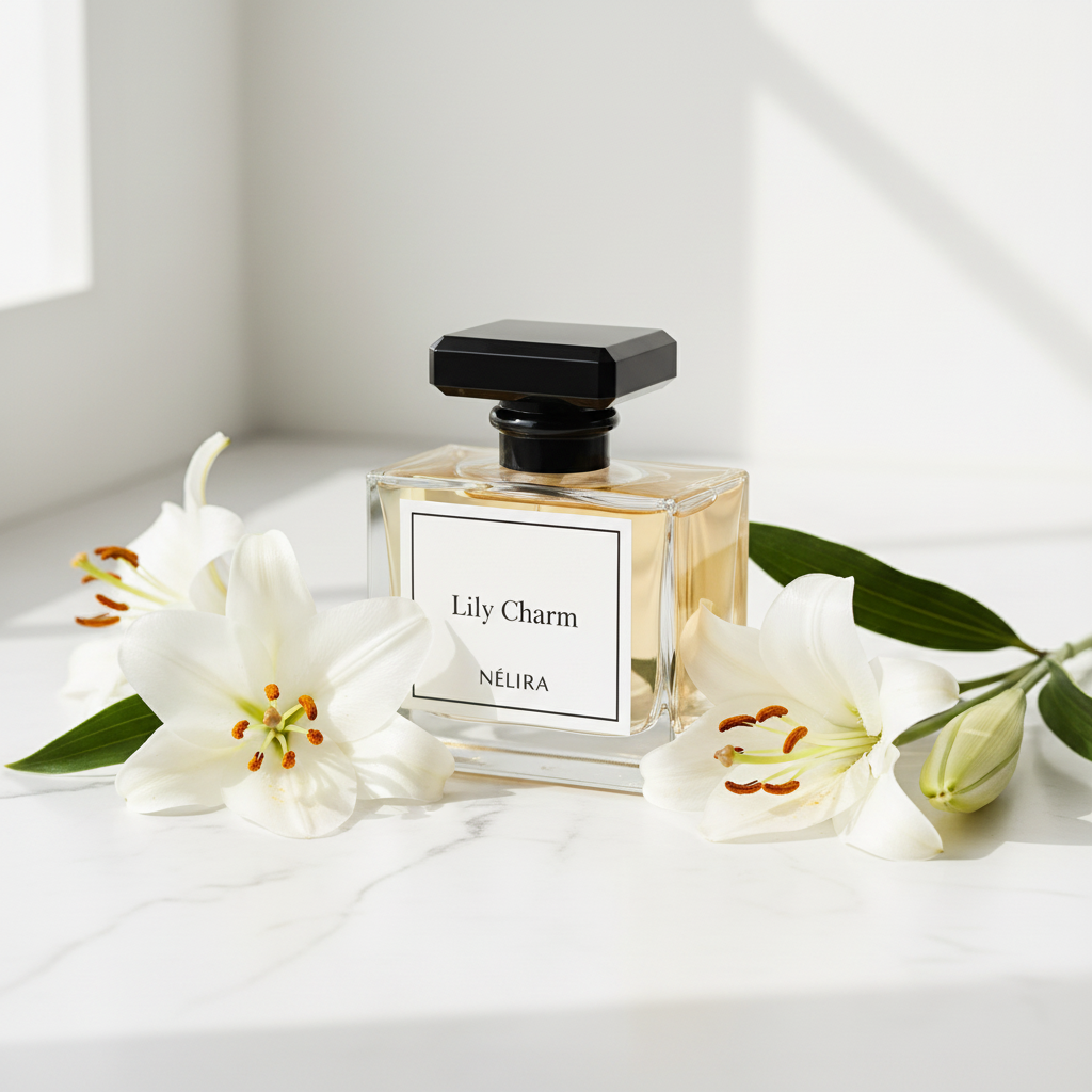 Lily Charm — baltais marmors ar lilijām