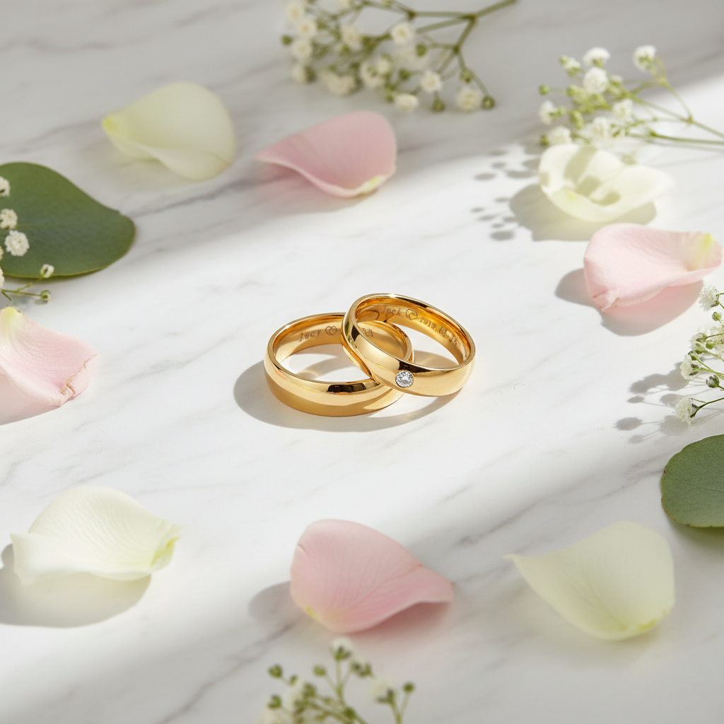 Rings on marble with roses